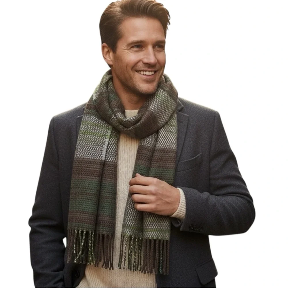 Banana Republic Wool Blend Scarf Green Brown & Cream Long Fringed Winter Scarf